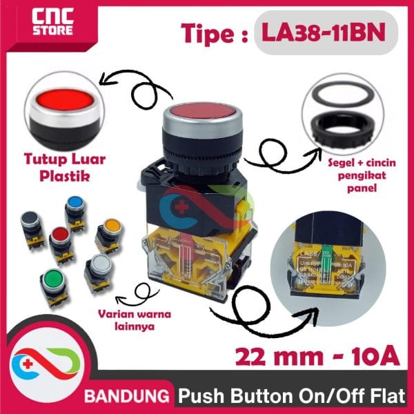 (TOMBOL/ PUSH BUTTON FLAT SWITCH) Push Button 22mm LA38-11BN Push On/Off Flat Switch 10A -YELLOW