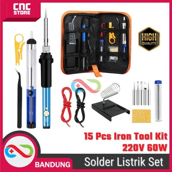 Solder Listrik Set Tas 15 Pcs Lengkap Iron Tool Kit 220V 60W Solder Listrik Murah Paket Penyedot Timah