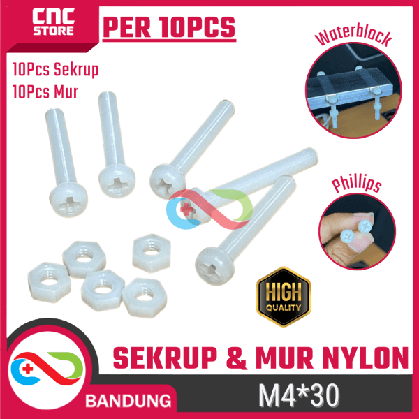 10Pcs Sekrup & Mur Nilon M4x30 – 10 Sekrup 10 Mur Pengencang Anti Karat untuk Peltier, Pendingin Air & DIY Elektronik