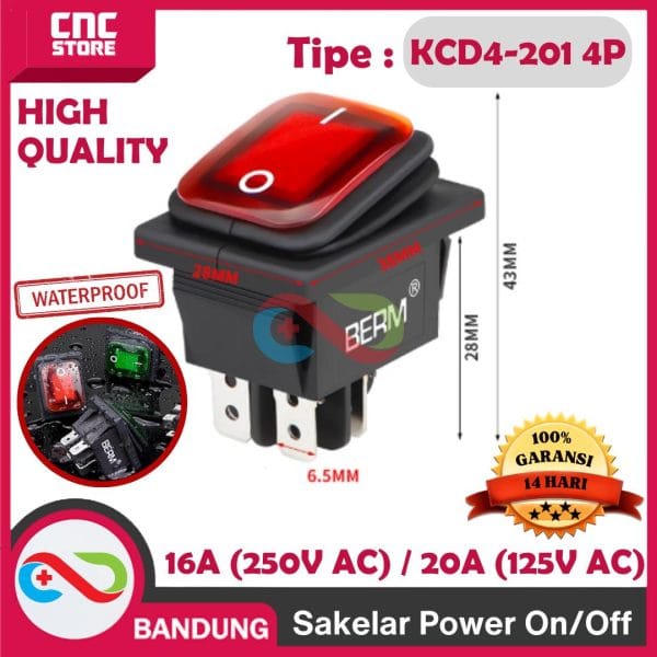 SAKLAR POWER ON-OFF ANTI AIR TAHAN AIR - KCD4-201 4P Saklar Power ON OFF 220V 16A Waterproof Tahan Air Lampu Light 125V 20A IP65 HIGH QUALITY -HIJAU