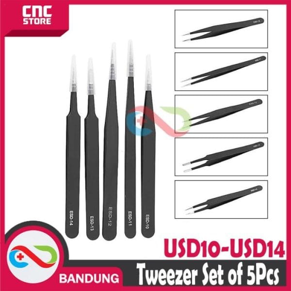 TWEEZER SET 5 PCS STAINLESS STEEL KIT REPAIR TOOL
