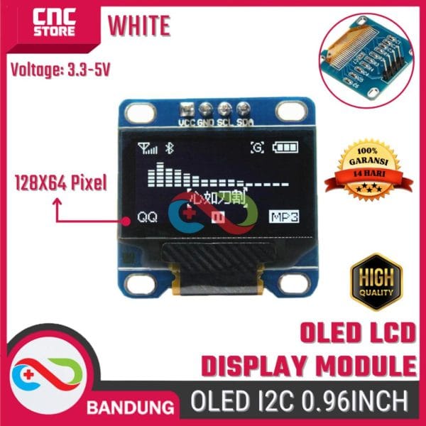 OLED White Putih 0.96 Inch I2C IIC 128x64 Display Module LCD – Layar OLED untuk Arduino dan DIY
