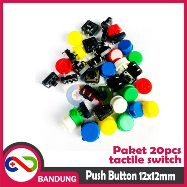 TACTILE SWITCH PUSH BUTTON 5 WARNA 20PCS 12x12x7.3 MM FOR ARDUINO + FREE CAP