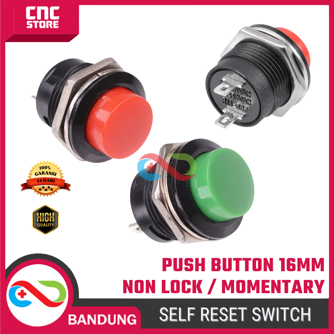 ESP-0012 img Push Button 16mm Non Locking / Self Reset / Momentary – Tombol Tekan Warna Merah & Hijau untuk Arduino dan Proyek Elektronika - Gambar 1