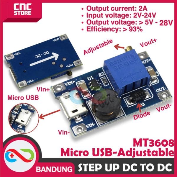 ADJUSTABLE STEP UP MT3608 BOOST DC MICRO USB 2A 2V-24V TO 5V-28V MODULE