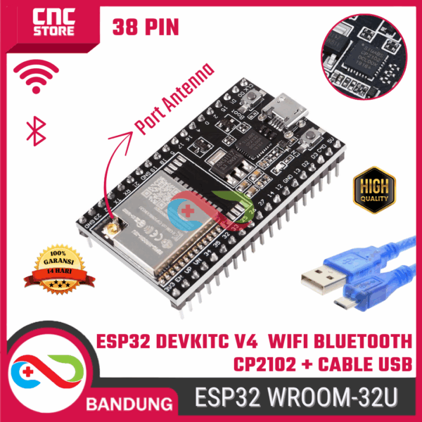 ESP32 DEVKITC V4 WROOM-32U WiFi Bluetooth Board with USB Cable – IoT Development Module