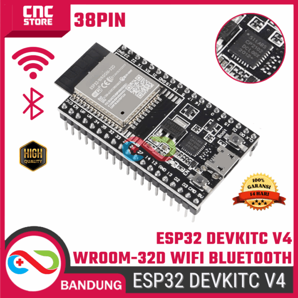 ESP32 DEVKITC V4 WROOM-32D 38Pin CP2102– Development Board WiFi + Bluetooth Dual-Core untuk IoT & Arduino