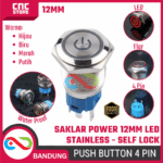 Saklar Power On Off Self Lock 12mm | Push Button Switch Metal Stainless dengan Lampu LED Hijau Biru Merah Putih