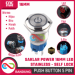 Saklar Power On Off Self Lock 16mm | Push Button Switch Metal Stainless dengan Lampu LED Hijau Biru Merah Putih