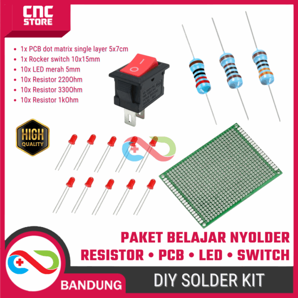 Paket Belajar Nyolder Pemula – Resistor, PCB, LED & Rocker Switch | Kit Latihan Solder DIY Elektronika