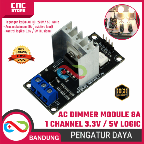 AC Dimmer Module 8A 1 Channel 3.3V 5V Logic – Modul Pengatur Daya Lampu dan Motor AC untuk Arduino