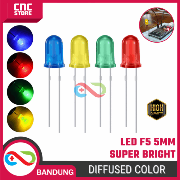 LED F5 5MM Super Bright Diffused Warna Merah, Biru, Hijau, Kuning – Paket 10PCS untuk Proyek Elektronika & Arduino