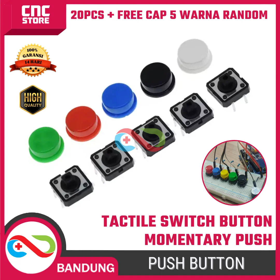 TACTILE SWITCH PUSH BUTTON 5 WARNA 20PCS 12x12x7.3 MM FOR ARDUINO + FREE CAP