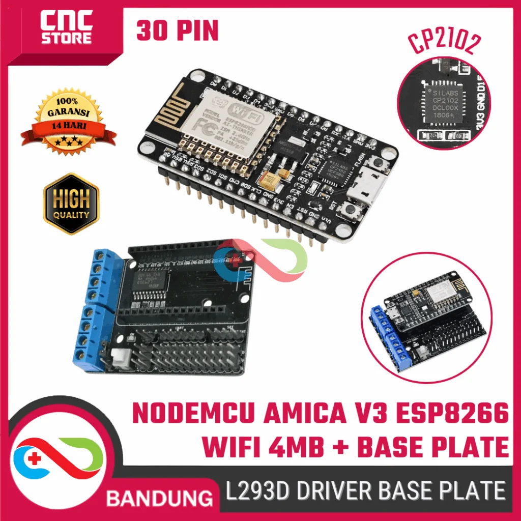 NODEMCU AMICA LUA WIFI V3 4MB 32MBITS FLASH ESP8266 WITH BASE PLATE L293D