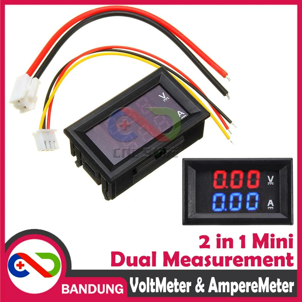 DUAL MINI VOLTMETER AMMETER AMPERE METER LED 0-100V 0-10A DC 0.28 RED BLUE MERAH BIRU