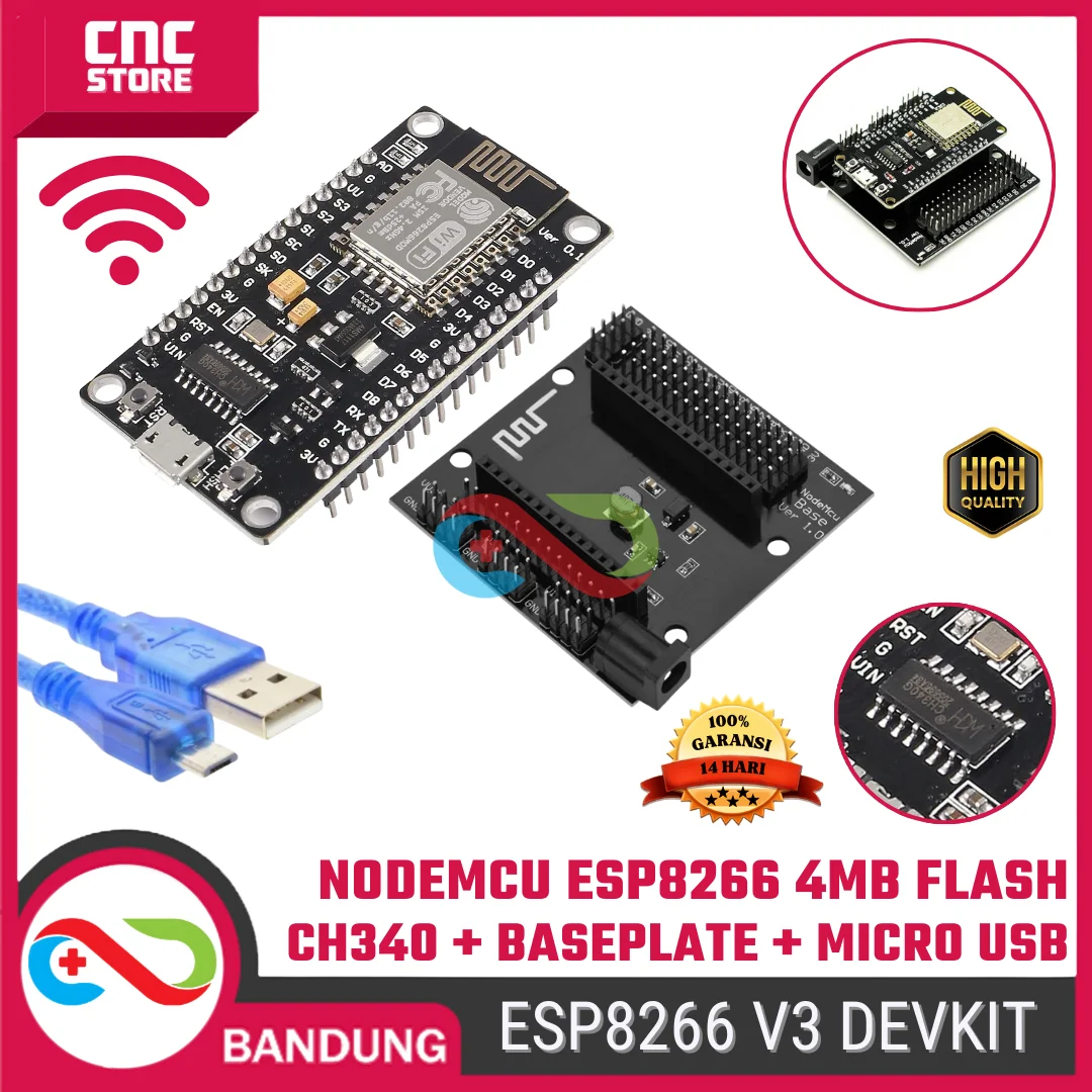 NodeMCU ESP8266 Lua WiFi V3 4MB CH340 – Development Board dengan Base Plate Expansion Board + Kabel Micro USB