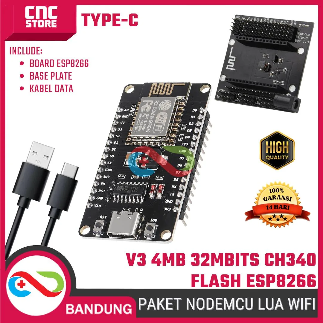 Paket NodeMCU LUA WiFi V3 4MB 32Mbits CH340 Flash ESP8266 ESP12 Type-C – Base Plate, Kabel Data Type C - Modul Pengembangan IoT