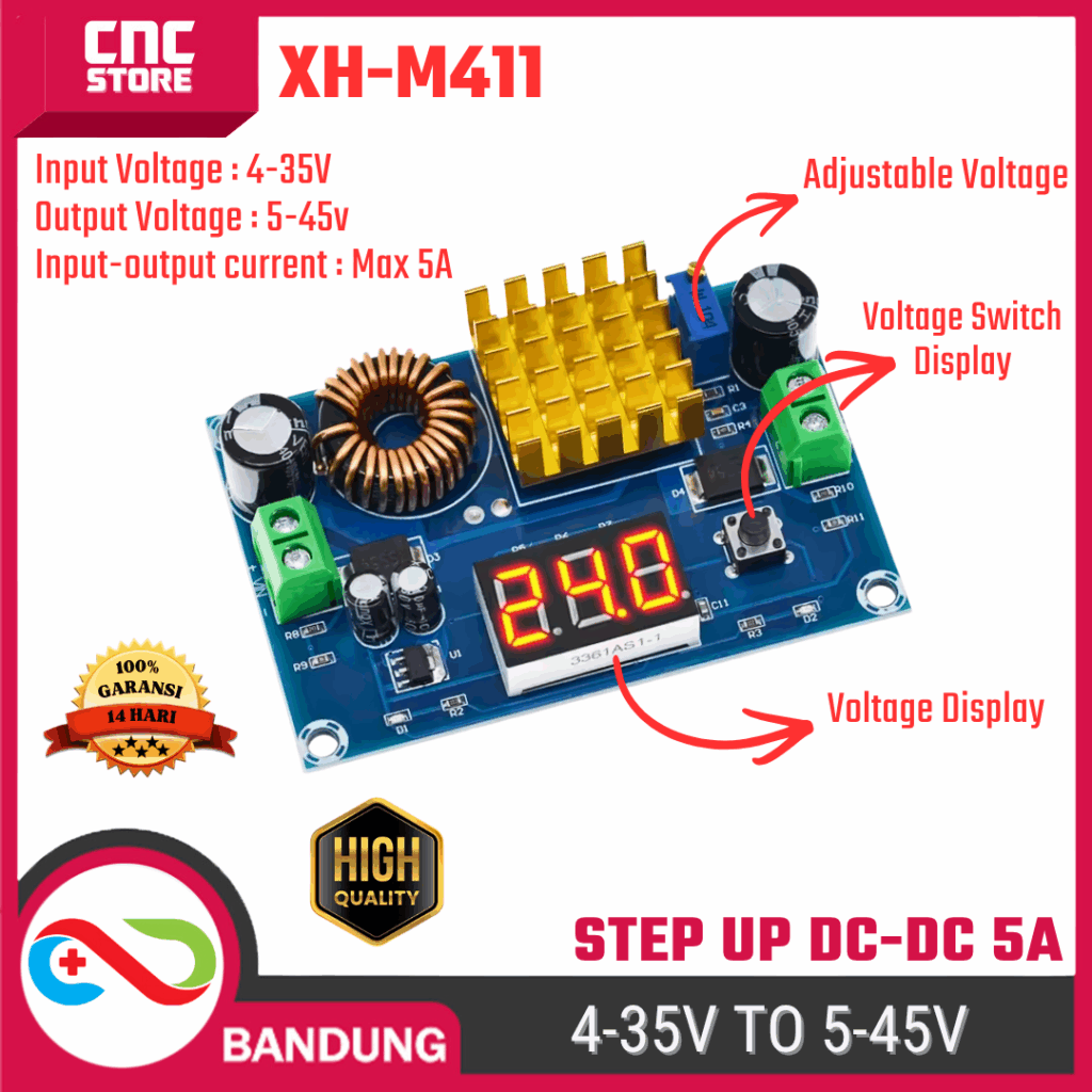 DC-DC Step Up Modul XH-M411 5A – Boost Converter 4-35V ke 45V Digital Display