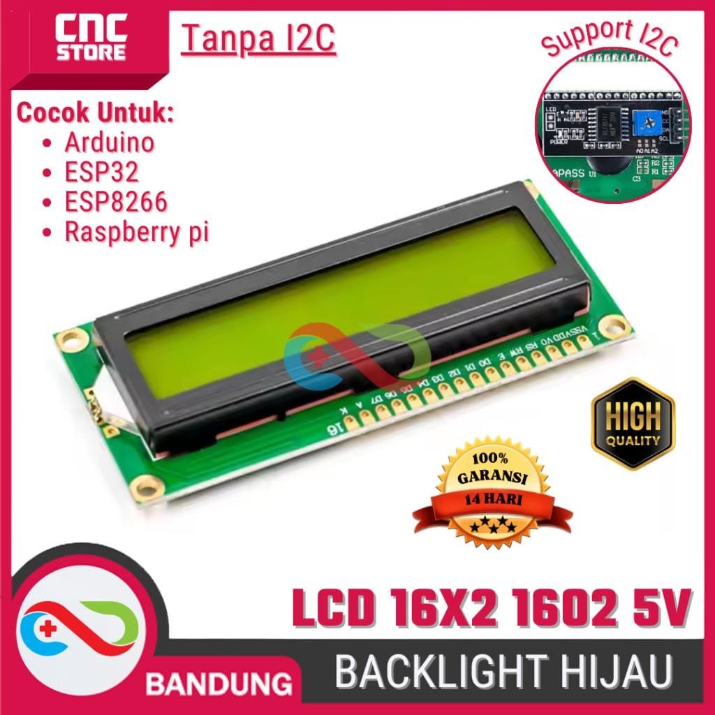 LCD Display Character 16×2 1602 5V | Modul Hijau/Biru/Abu Backlight Pilihan I2C atau Non-I2C untuk Arduino & DIY