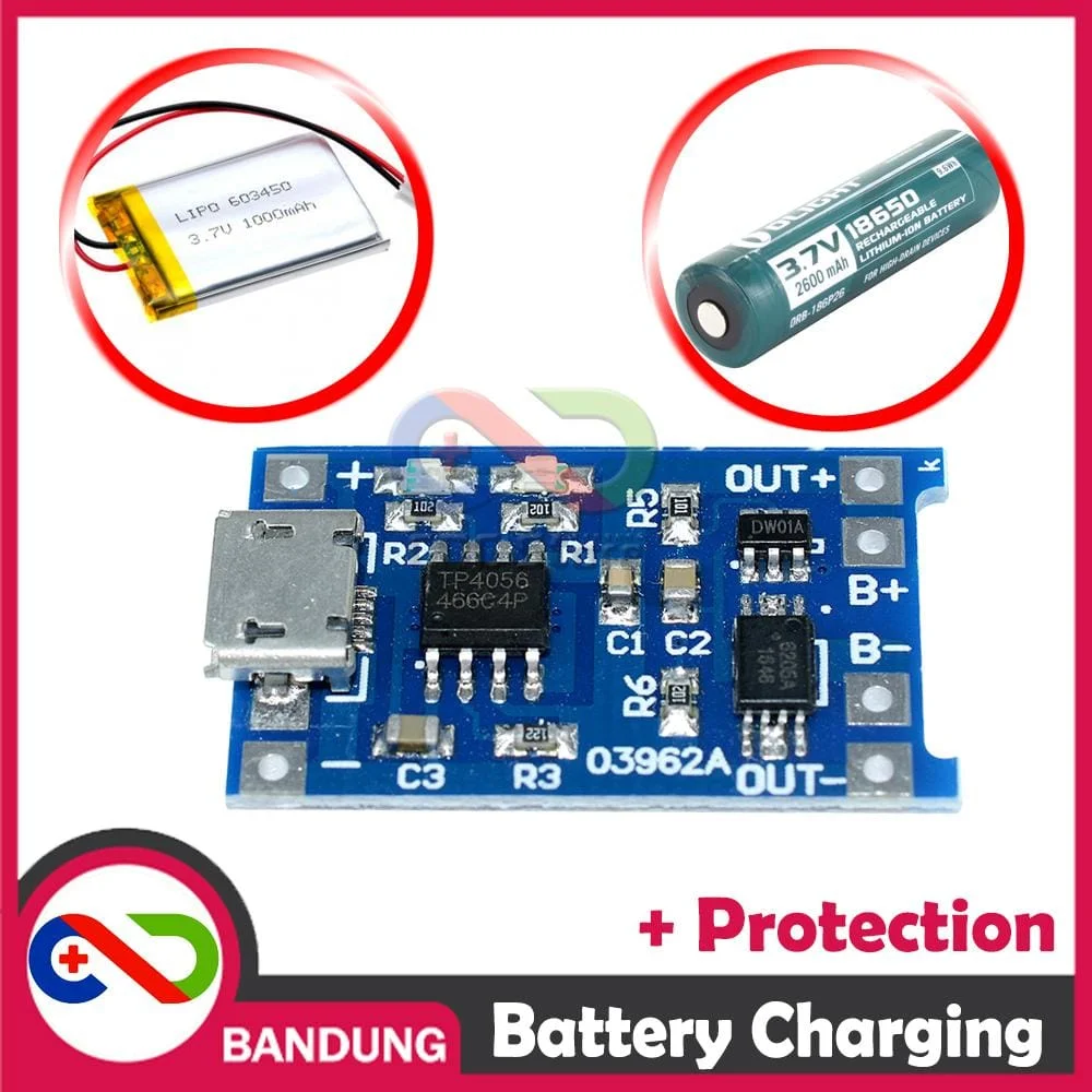 Modul Charger Baterai TP4056 1A Micro USB Type C – Lithium Battery 3.7V + Protection