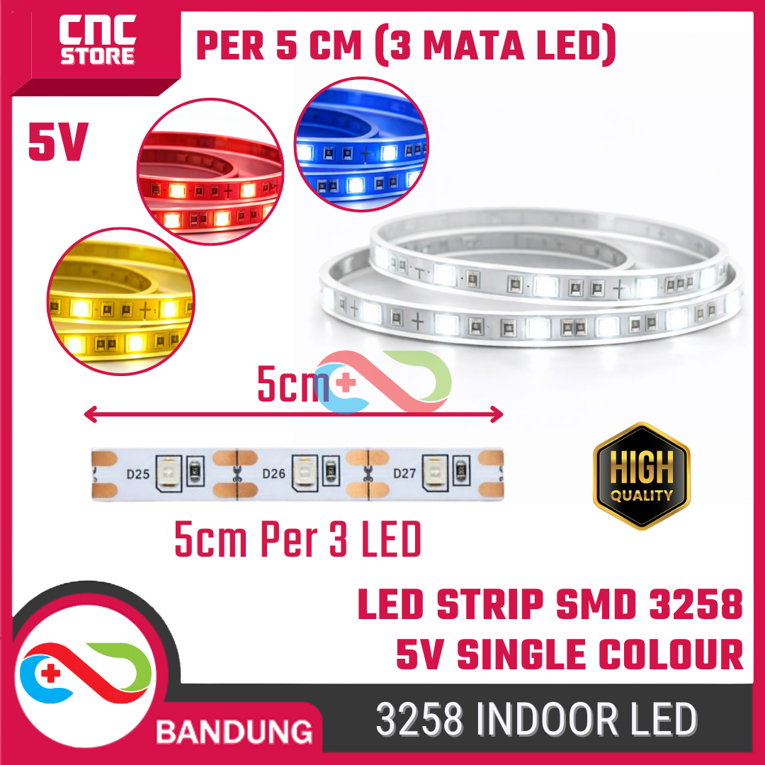 LED Strip SMD 3528 Single Colour DC 5V IP33 Per 5cm (3 Mata LED)– Lampu LED Indoor Potong 5cm (Putih, Biru, Merah, Kuning)