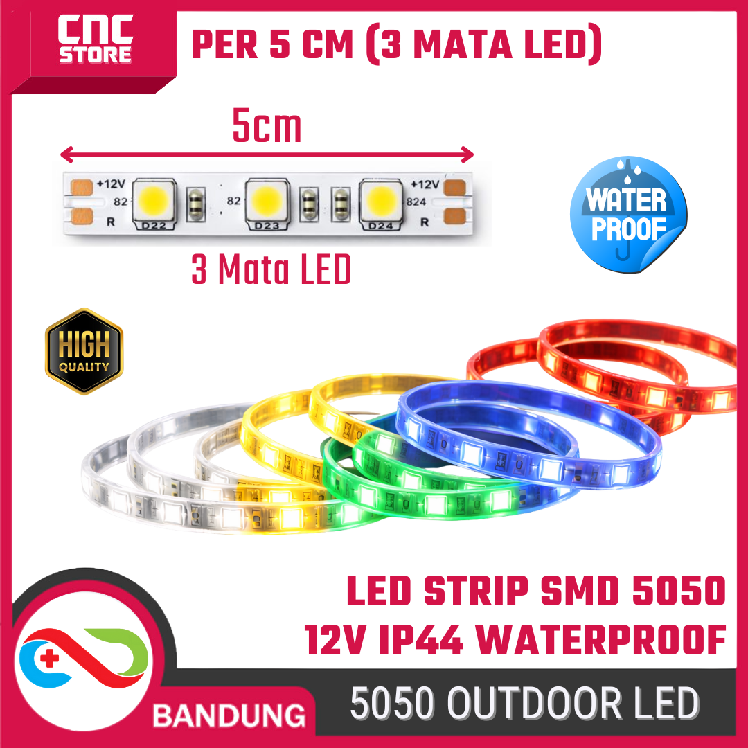 Lampu LED Strip 5050 SMD IP44 Waterproof 12V – Cahaya Dekorasi Outdoor 5cm (Putih, Kuning, Biru, Hijau, Merah)