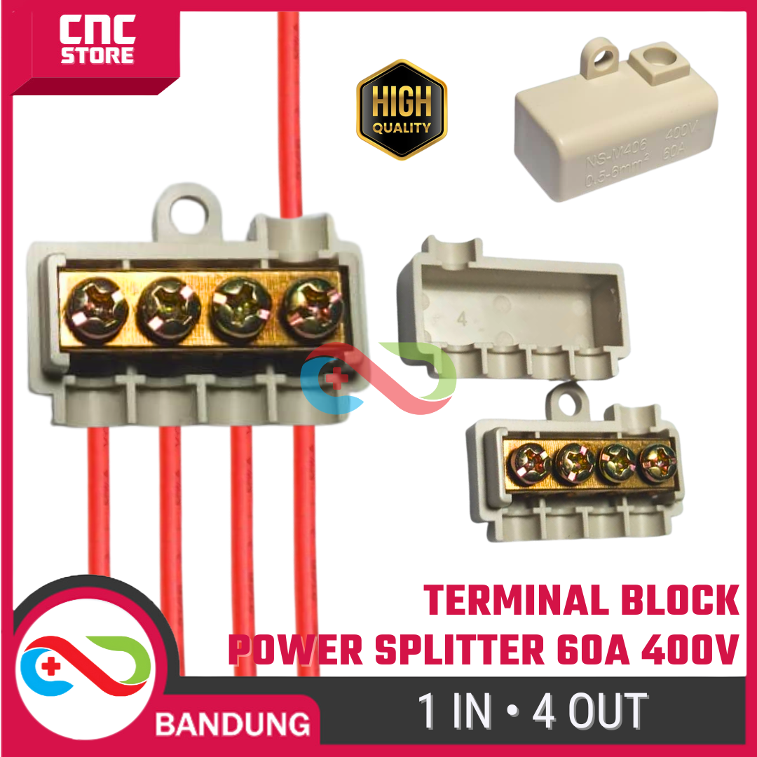 3607-esp-0119.png Terminal Block 1 In 4 Out 60A 400V – Blok Konektor Splitter Paralel Kabel High Power - Gambar 1